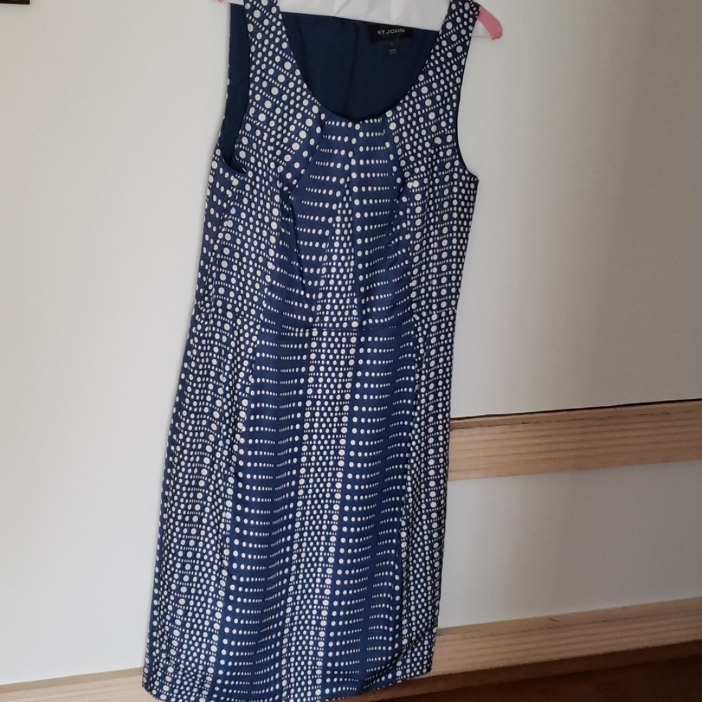 St. John lined silk dress blue with ivory polka do